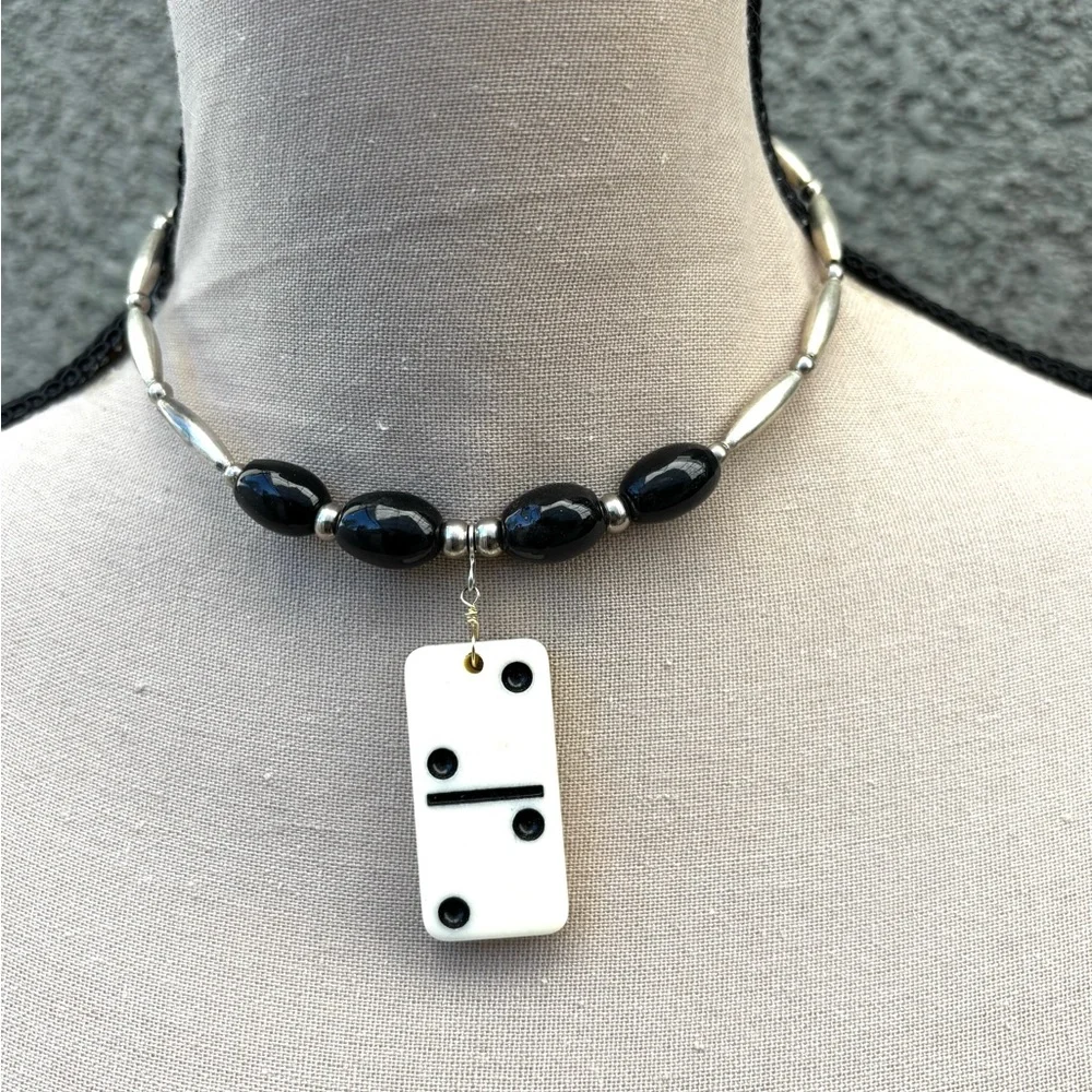 Handcrafted Black Bead Necklace with Domino Pendant